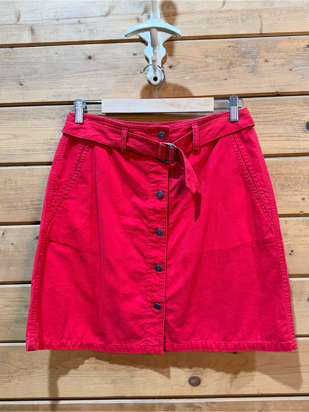Vintage Lizwear Red Cotton Button Front Belted Skirt Size 8